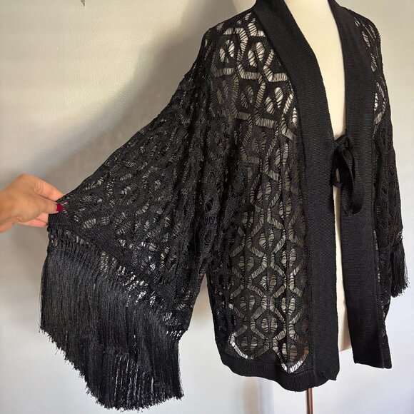 Zara Crochet Front Tie Cardigan with Fringe M - Picture 4 of 6